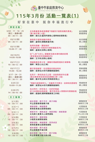 臺中市家庭教育中心115年3月份活動一覽表-1
