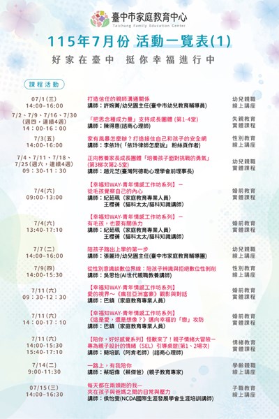 臺中市家庭教育中心115年7月份活動一覽表-1