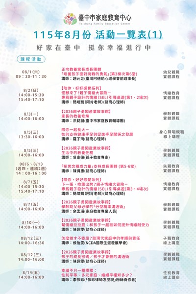 臺中市家庭教育中心115年8月份活動一覽表-1