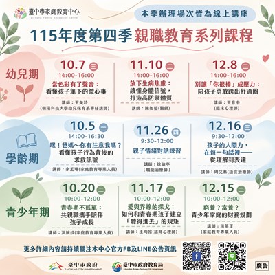 臺中市家庭教育中心115年第四季親職教育系列課程海報